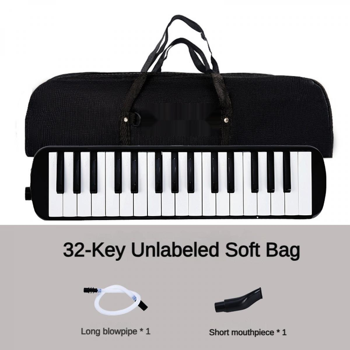 32-Tasten Melodica mit schwarzer Tasche, langem Mundstück und kurzem Mundstück.