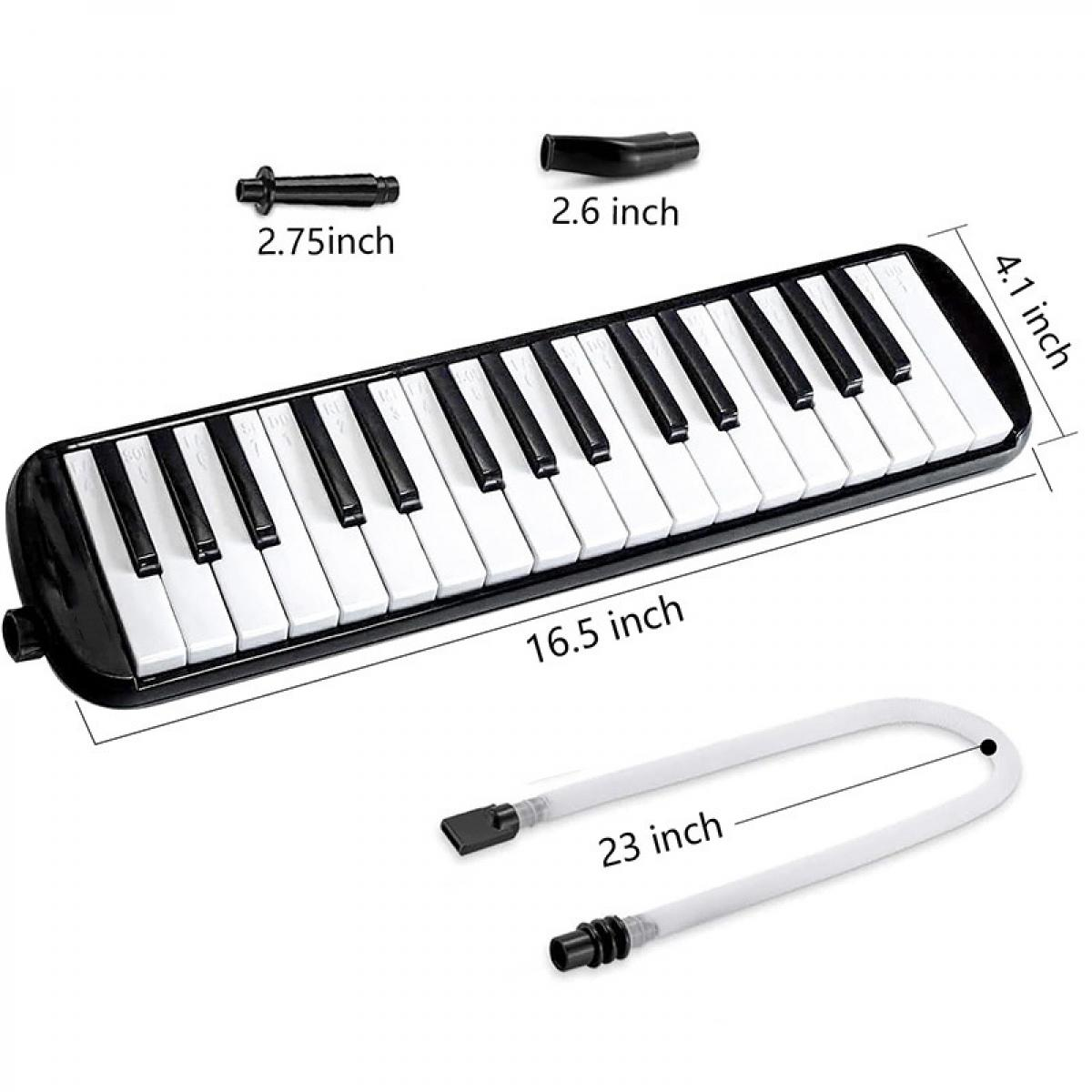 Ein Melodica mit schwarzen und weißen Tasten, mit Schläuchen und Messungen.