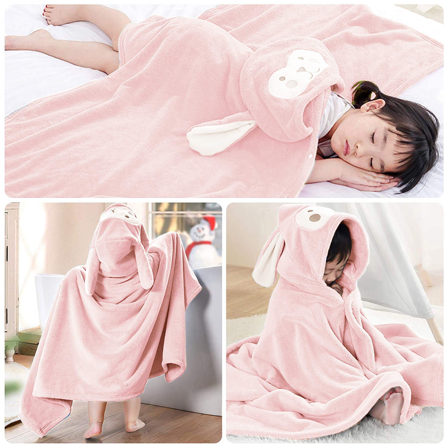 Ein rosa Hasen-Bademantel für Kinder, der auf einem Bett liegt.