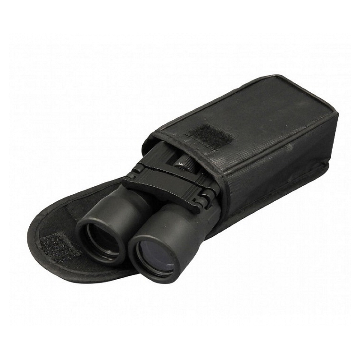 Binocolo nero in custodia di tessuto nero su sfondo bianco.