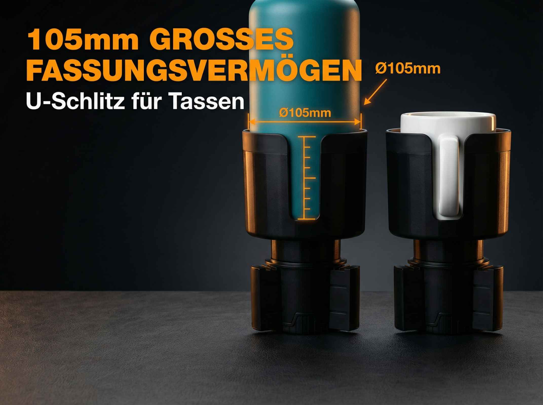 Zwei schwarze Getränkehalter mit Maßen von 105mm für Tassen.