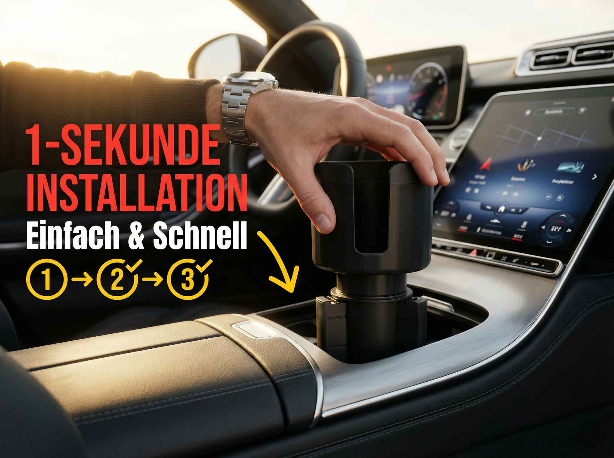 Ein Mann installiert einen Getränkehalter im Auto. Text: Einfache Installation.