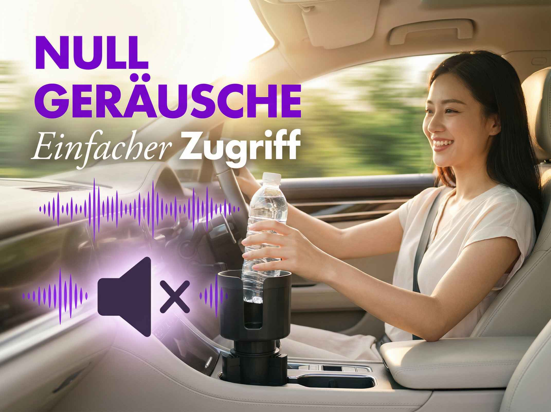 Frau fährt Auto, greift nach Wasserflasche. Stummschaltungs-Symbol.