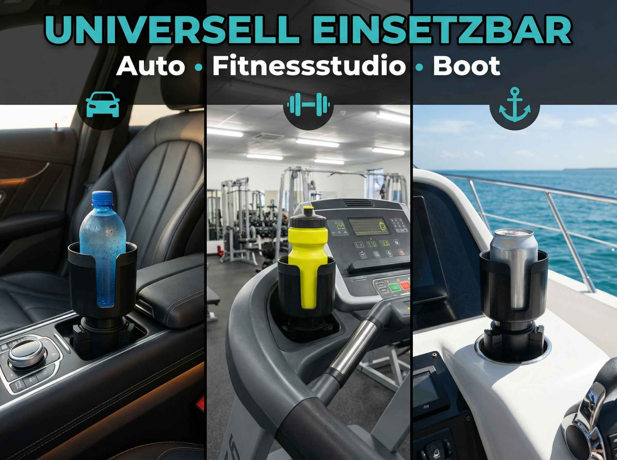 Getränkehalter im Auto, Fitnessstudio und auf einem Boot mit Wasserflasche und Dose.