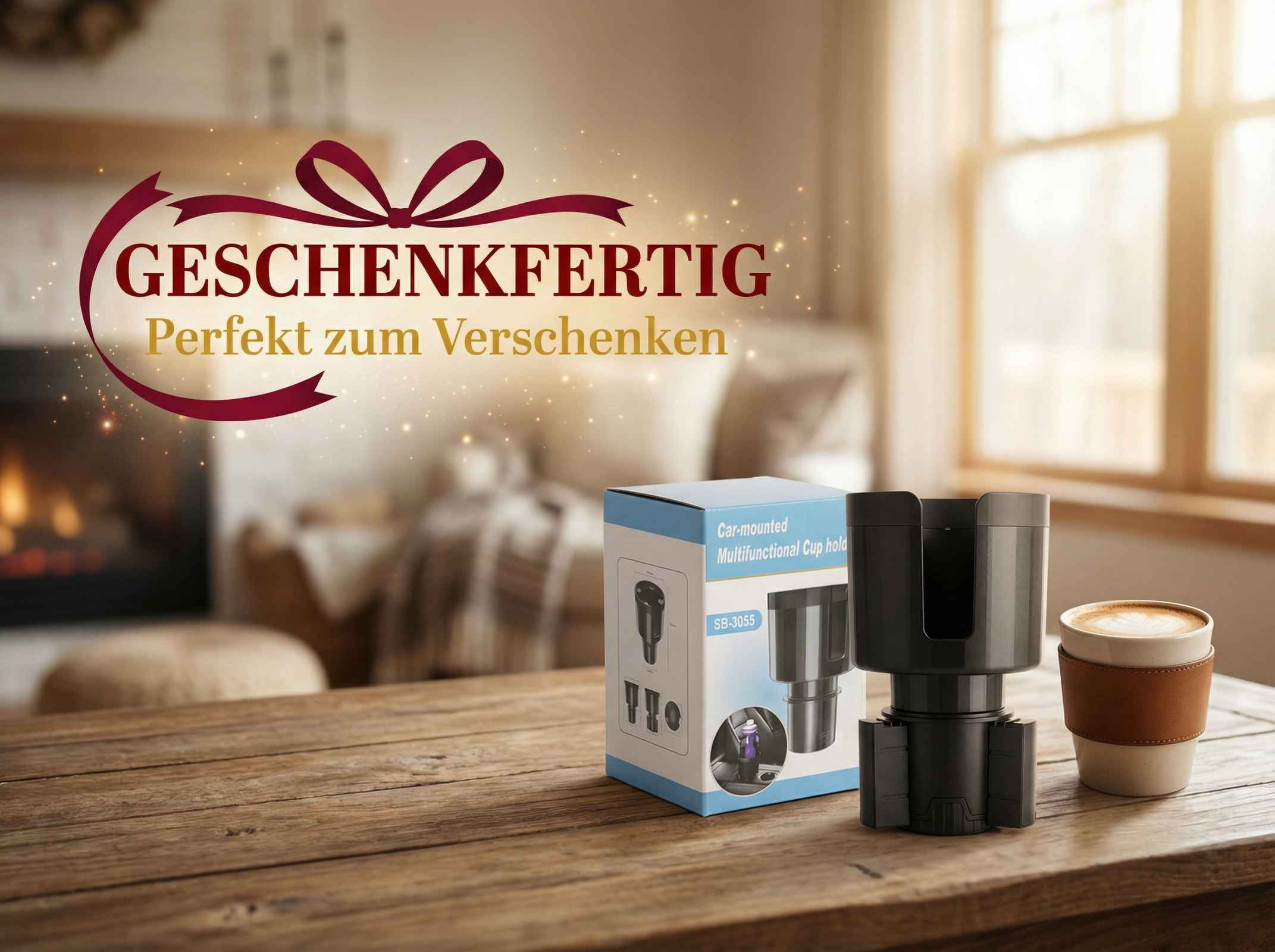 Ein schwarzer Multifunktions-Getränkehalter für Autos steht neben einer Tasse Kaffee.
