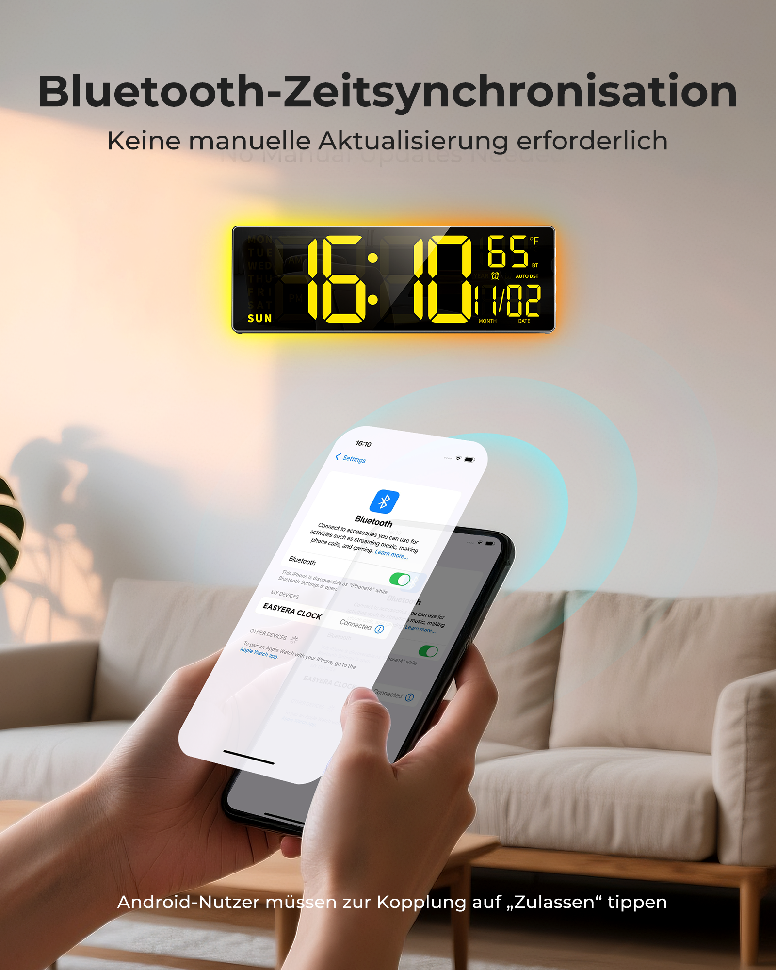 Digitale Uhr mit Bluetooth-Verbindung auf einem iPhone.