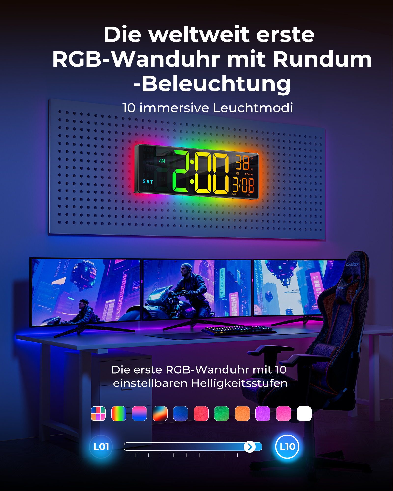 RGB-Wanduhr mit digitaler Anzeige, beleuchteter Schreibtisch und Gaming-Stuhl.