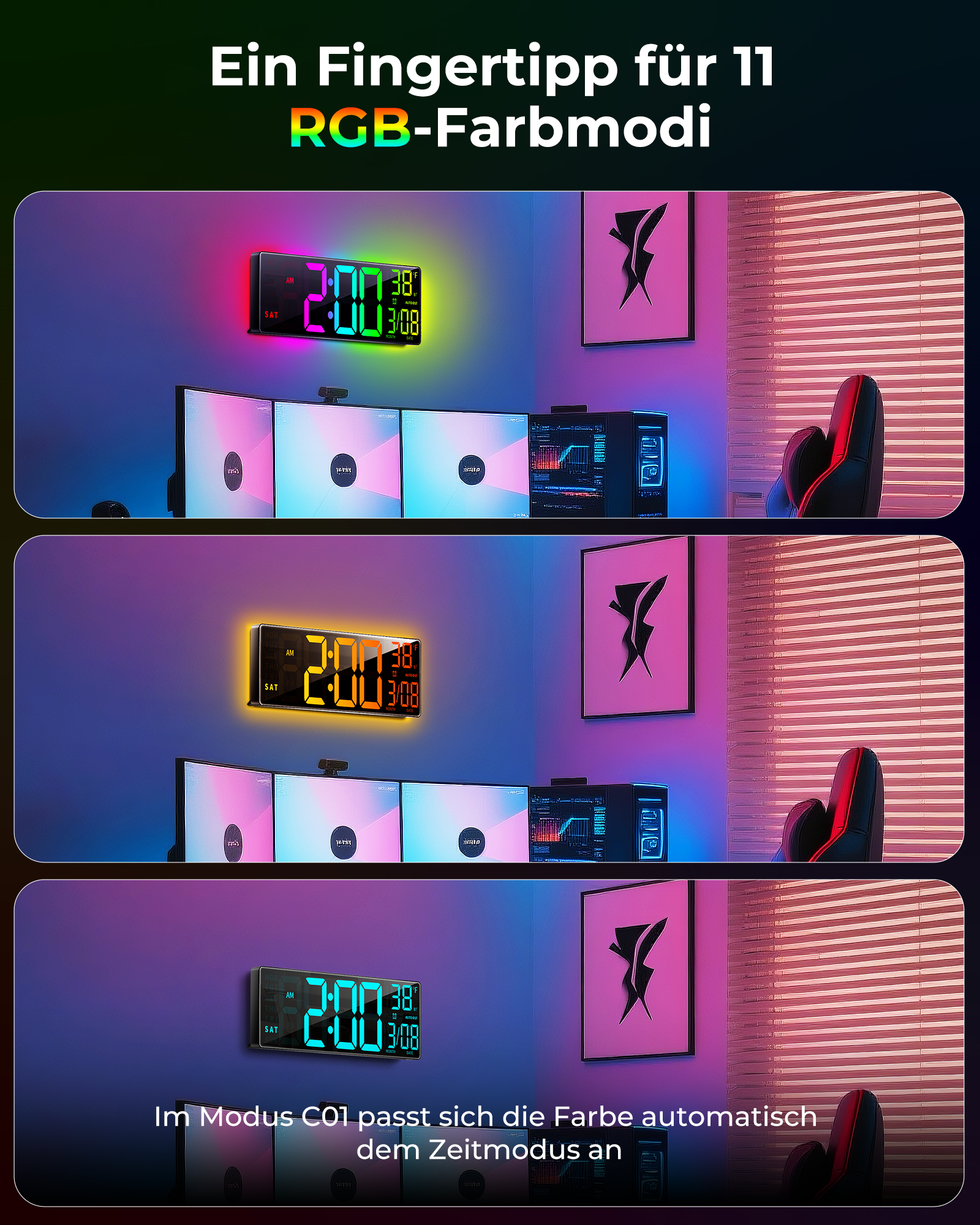 Digitaluhr mit RGB-Hintergrund und Computerausrüstung.