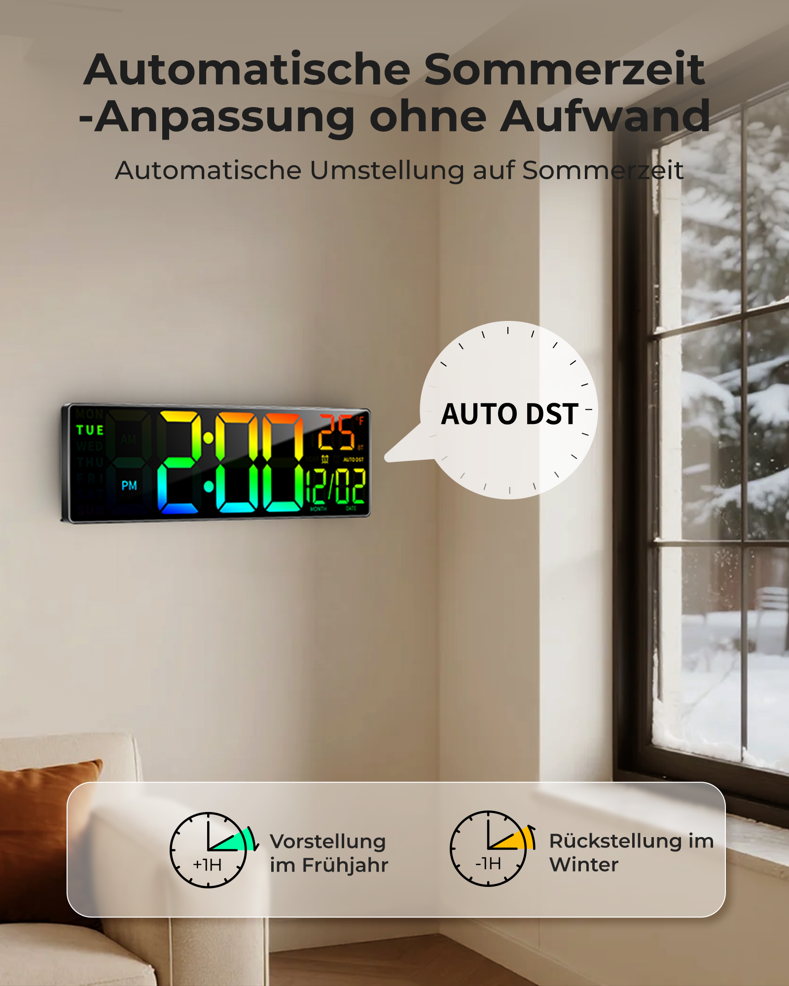 Digitaluhr zeigt 2:00 Uhr, AUTO DST und 12/02 an. Draußen schneit es.