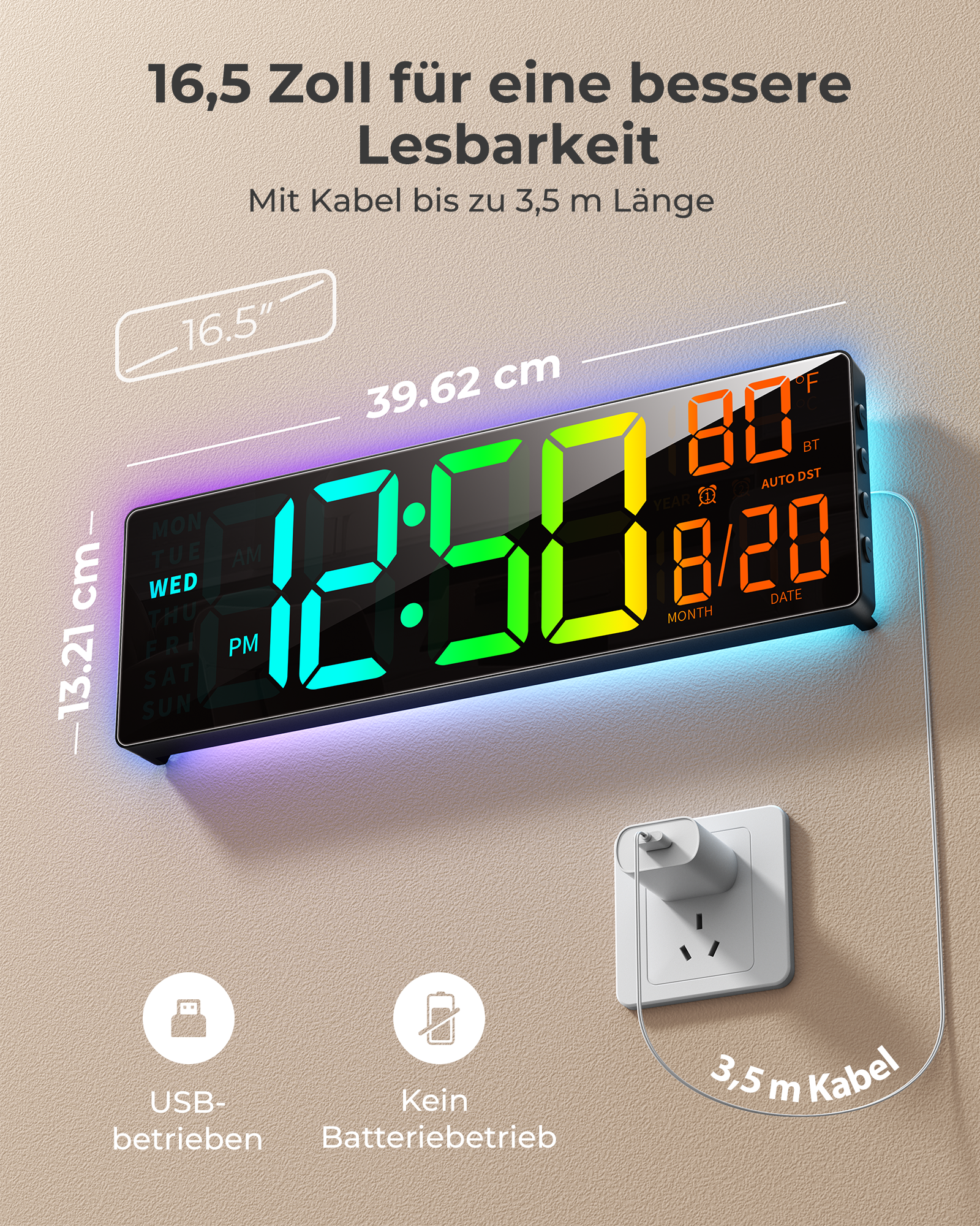 Große Digitaluhr zeigt 12:50 Uhr und 8/20, mit USB-Anschluss und 3,5m Kabel.