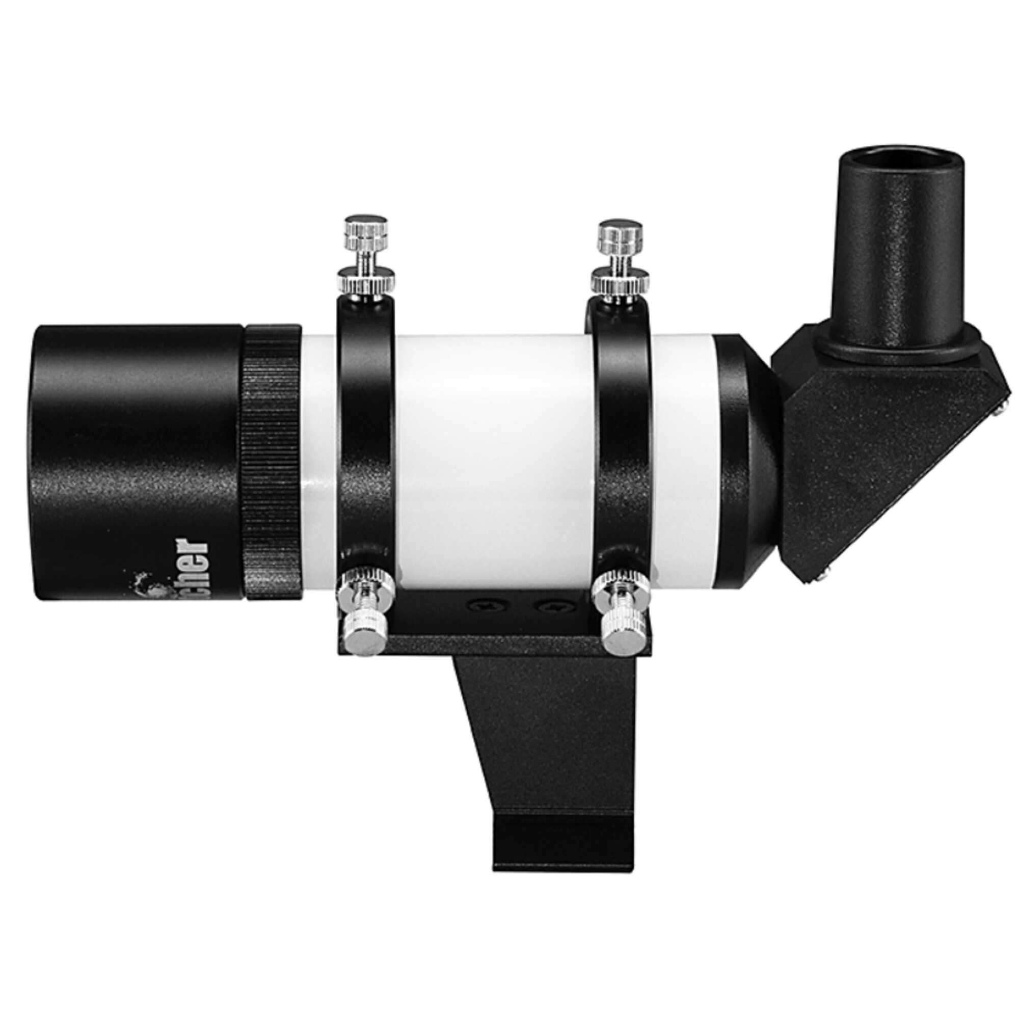 Ein Sucherfernrohr mit schwarz-weißer Optik und silbernen Schrauben auf weißem Hintergrund.