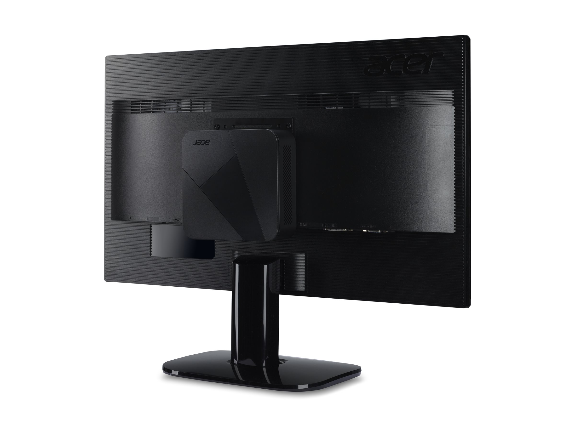 Rückseite eines schwarzen Acer Monitors mit angeschlossenem Mini-PC.