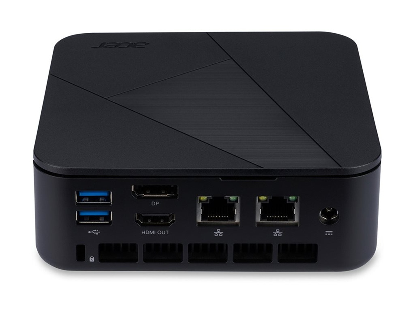 Schwarzer Acer Mini-PC mit USB, DP, HDMI und Ethernet-Anschlüssen auf der Rückseite.