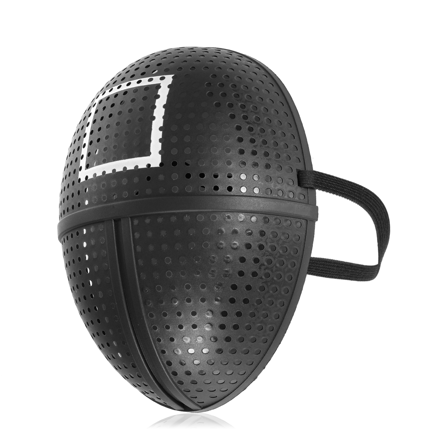 Schwarze Maske mit Quadrat und Löchern, weißer Rand, schwarzes Band.
