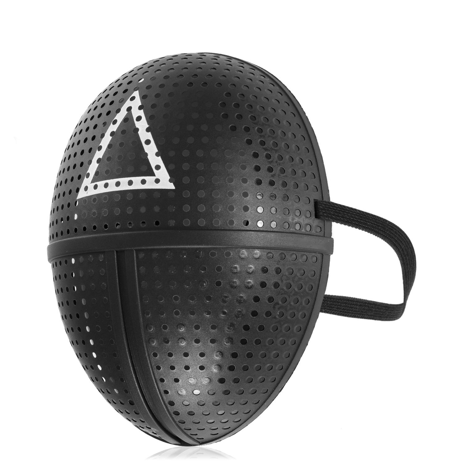 Schwarze Maske mit Dreieck-Symbol und vielen kleinen Löchern, auf weißem Hintergrund.