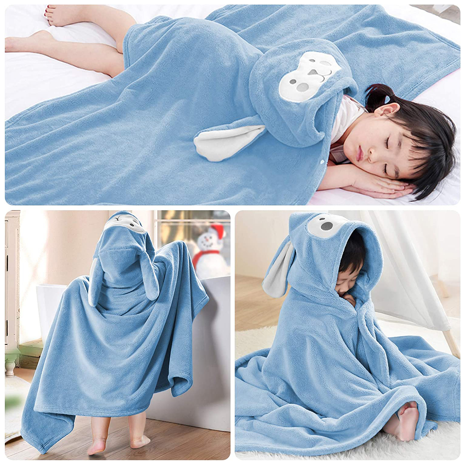 Ein blaues Hasenhandtuch mit Kapuze für Kinder, das sie warm hält.