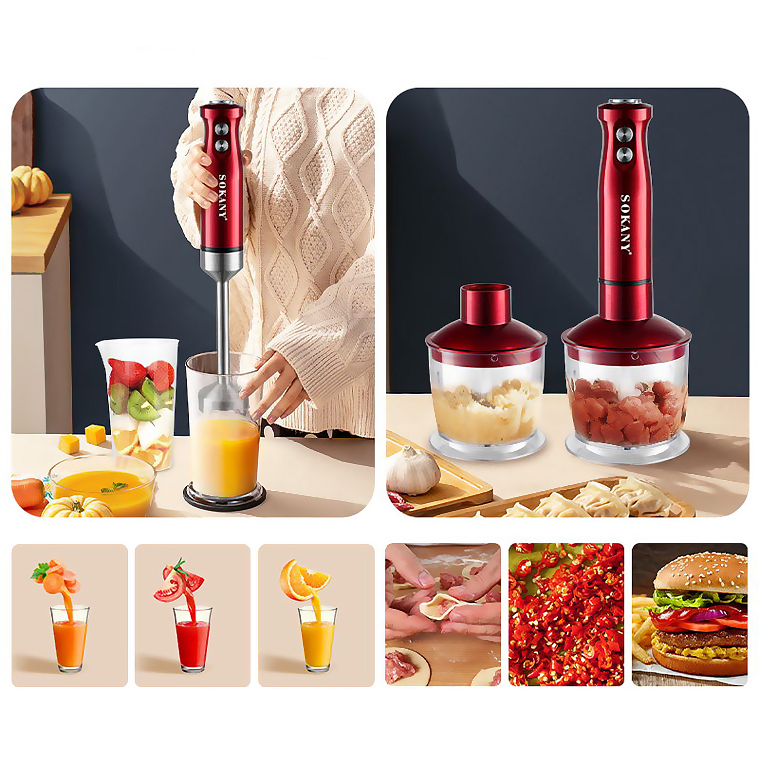 Ein roter Stabmixer mit Zubehör und verschiedenen Lebensmitteln.