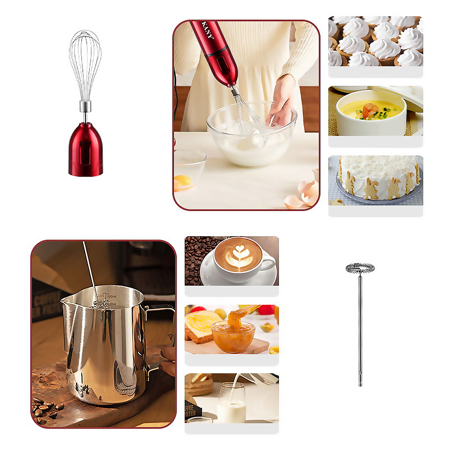 Küchengeräte: Handmixer, Milchaufschäumer, Kuchen, Suppe, Kaffee und Beerenmarmelade.