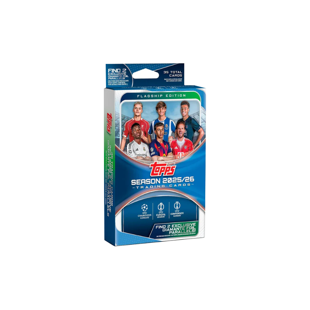 Topps Saison 2025/26 Sammelkarten-Packung mit 6 Fußballspielern auf der Vorderseite.