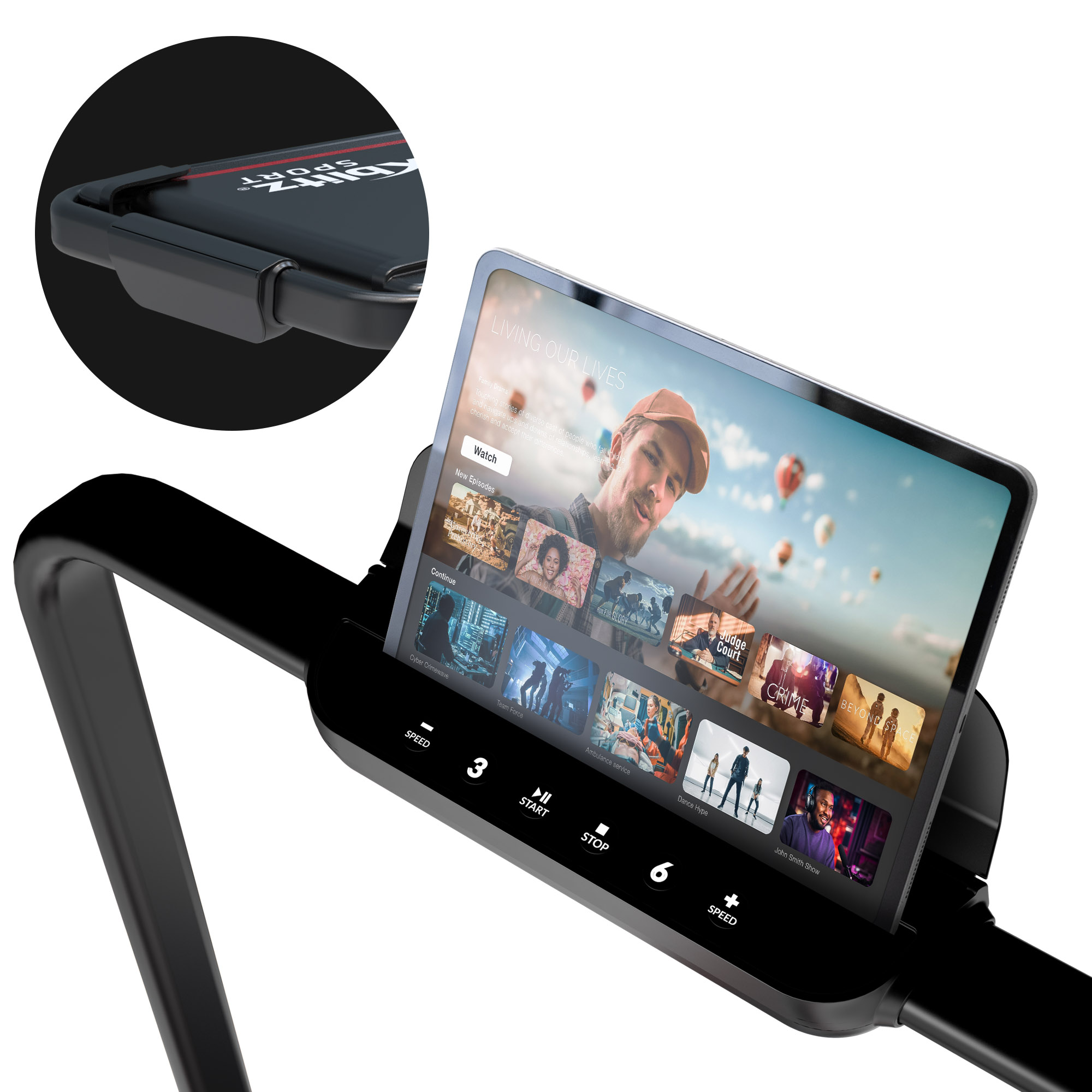 Bieżnia z tabletem wyświetlającym aplikację rozrywkową.