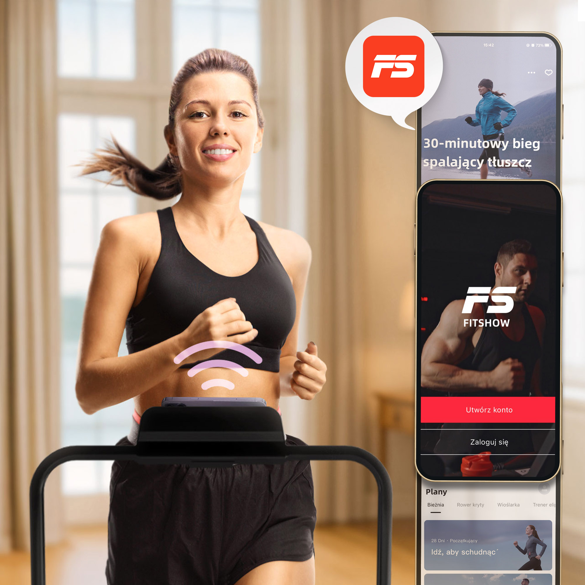 Kobieta na bieżni z telefonem aplikacji fitness. Wyświetla bieg 30 min.