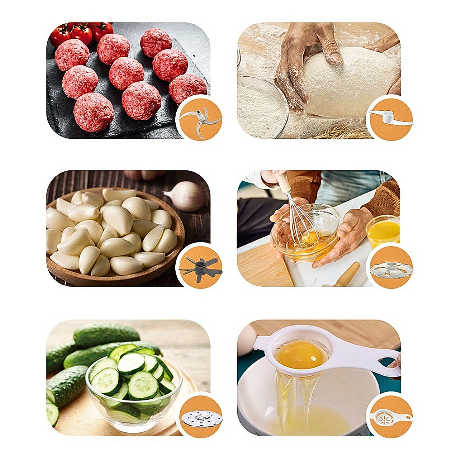 Polpette crude con pomodori, impasto che lievita, aglio, uova, cetrioli, separatore d'uova.