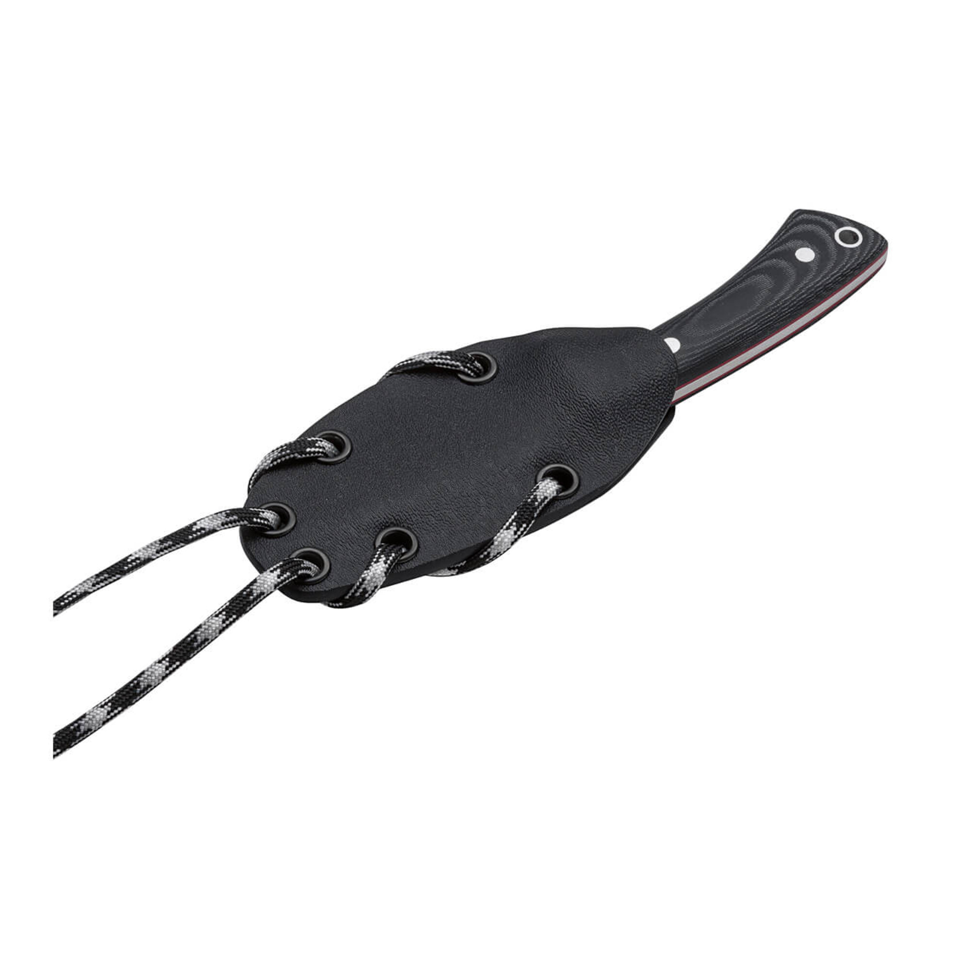 Schwarzes Messer mit Griff und Lederscheide, die mit Schnüren befestigt ist.