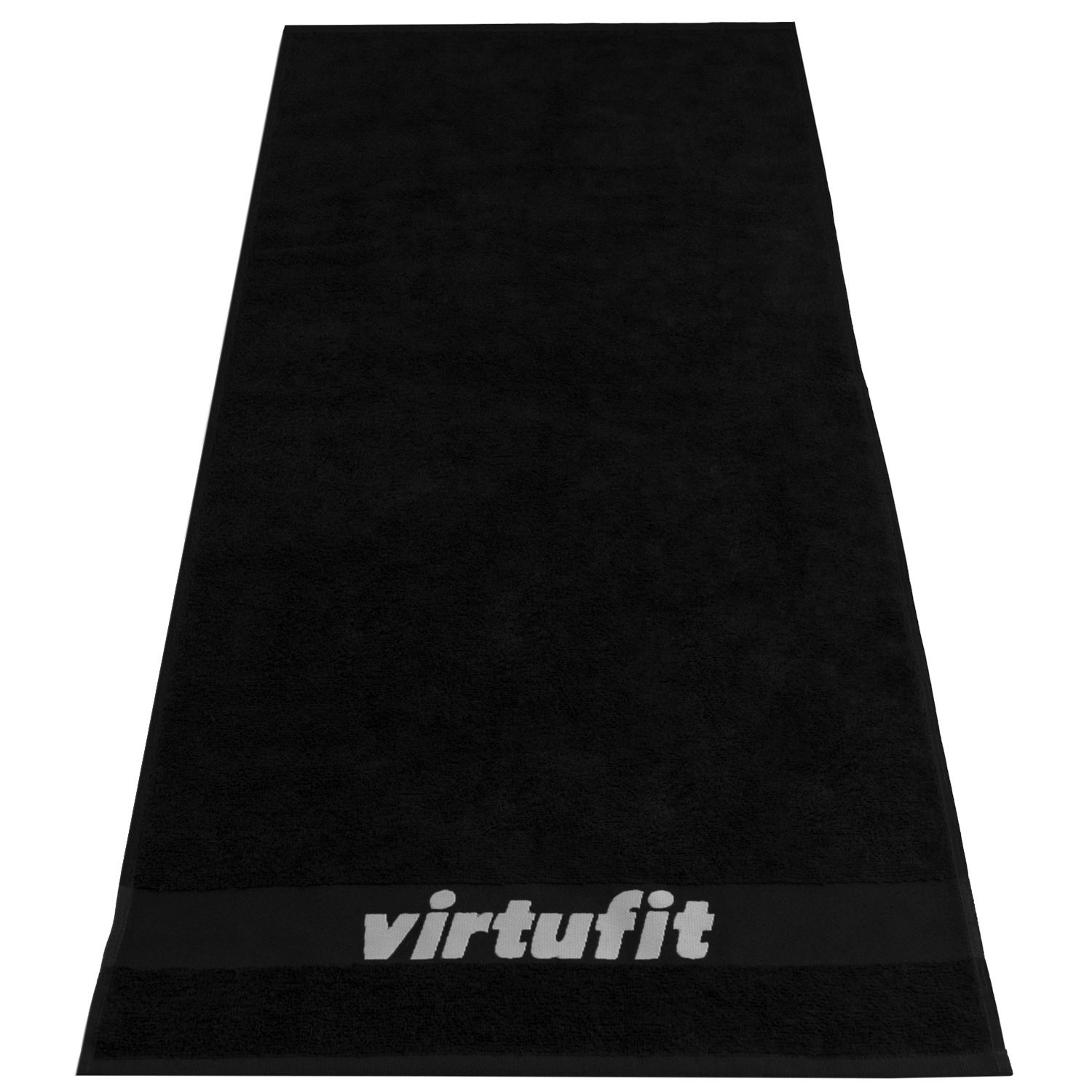 Schwarzes Handtuch mit "virtufit"-Logo auf weißem Hintergrund.