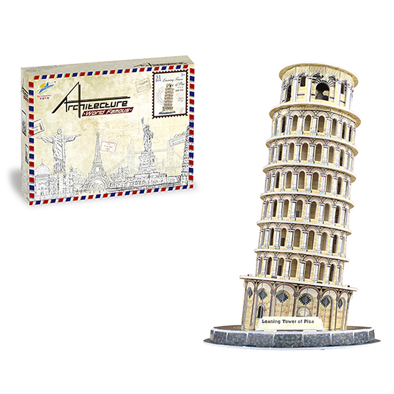 Una scatola puzzle della Torre di Pisa e il suo modello assemblato.