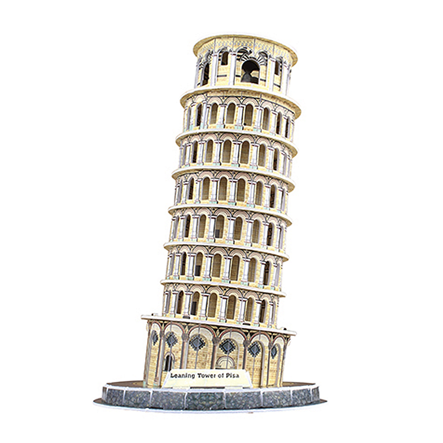 Un modello della Torre di Pisa con archi e colonne su una base.