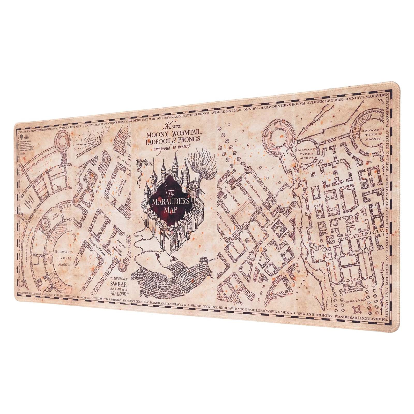 Una mappa marrone e beige di Hogwarts intitolata "The Marauders Map".