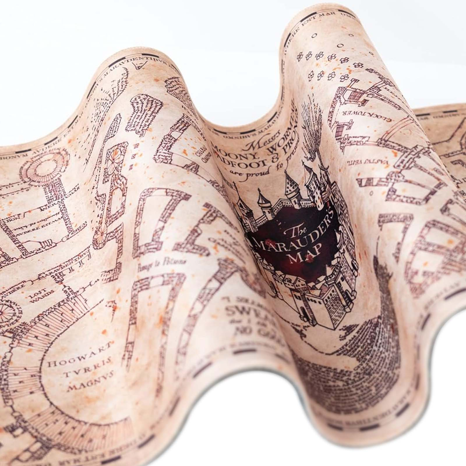 Una vecchia mappa che mostra Hogwarts, testo e illustrazioni.