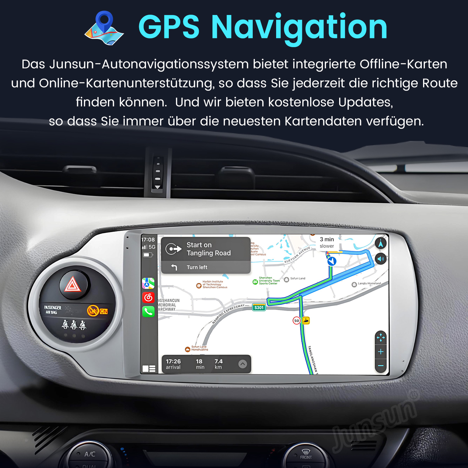 GPS-Navigation mit Karte und Fahrzeugdetails im Auto. Angezeigt werden aktuelle Route und Verkehr.
