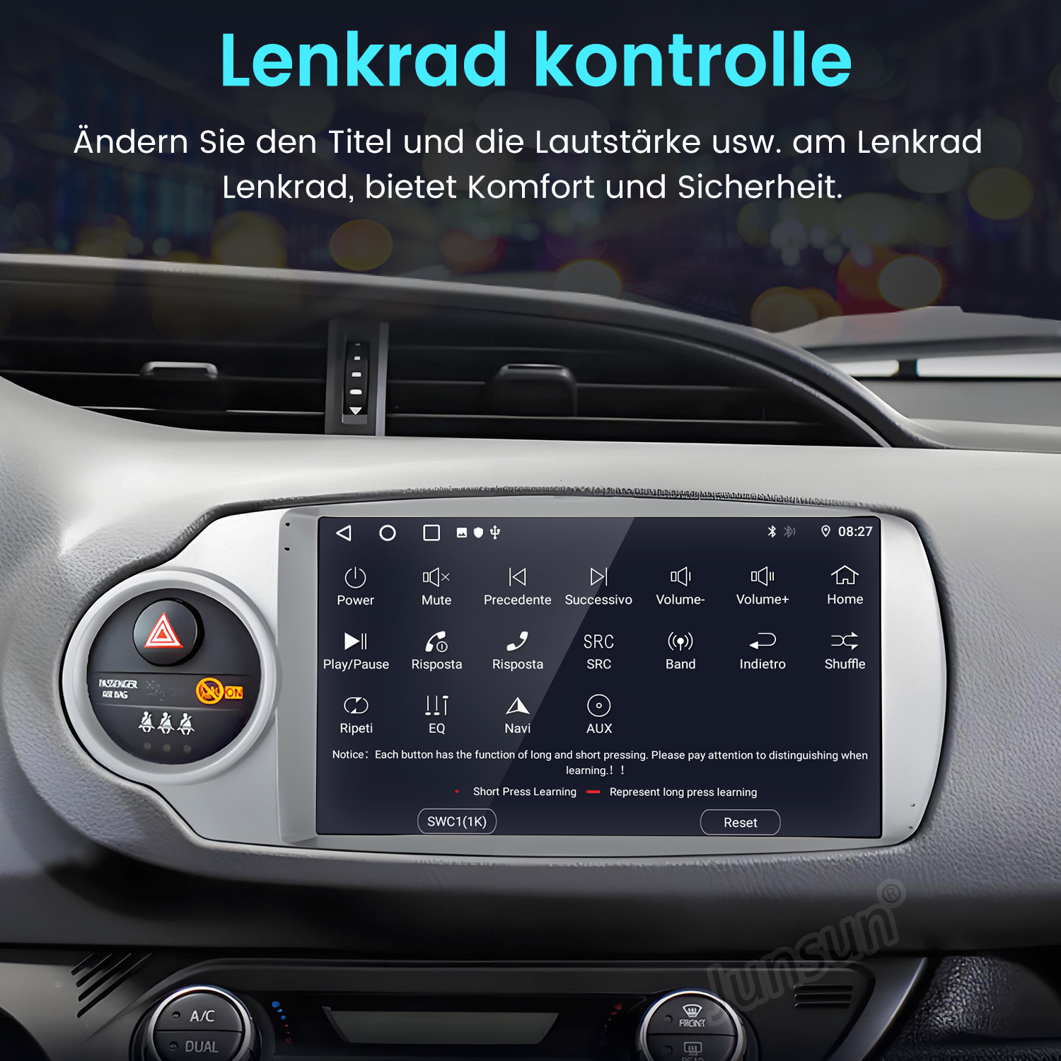 Autoscheinwerfer mit Touchscreen-Menü und Warnblinkschalter.