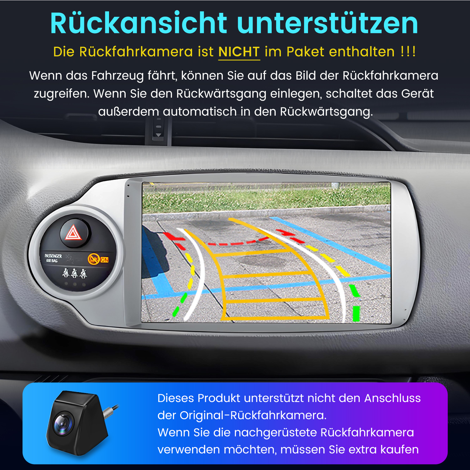 Rückfahrkamera-Bildschirm mit Parklinien, Warnblinklicht und Warnanzeigen.