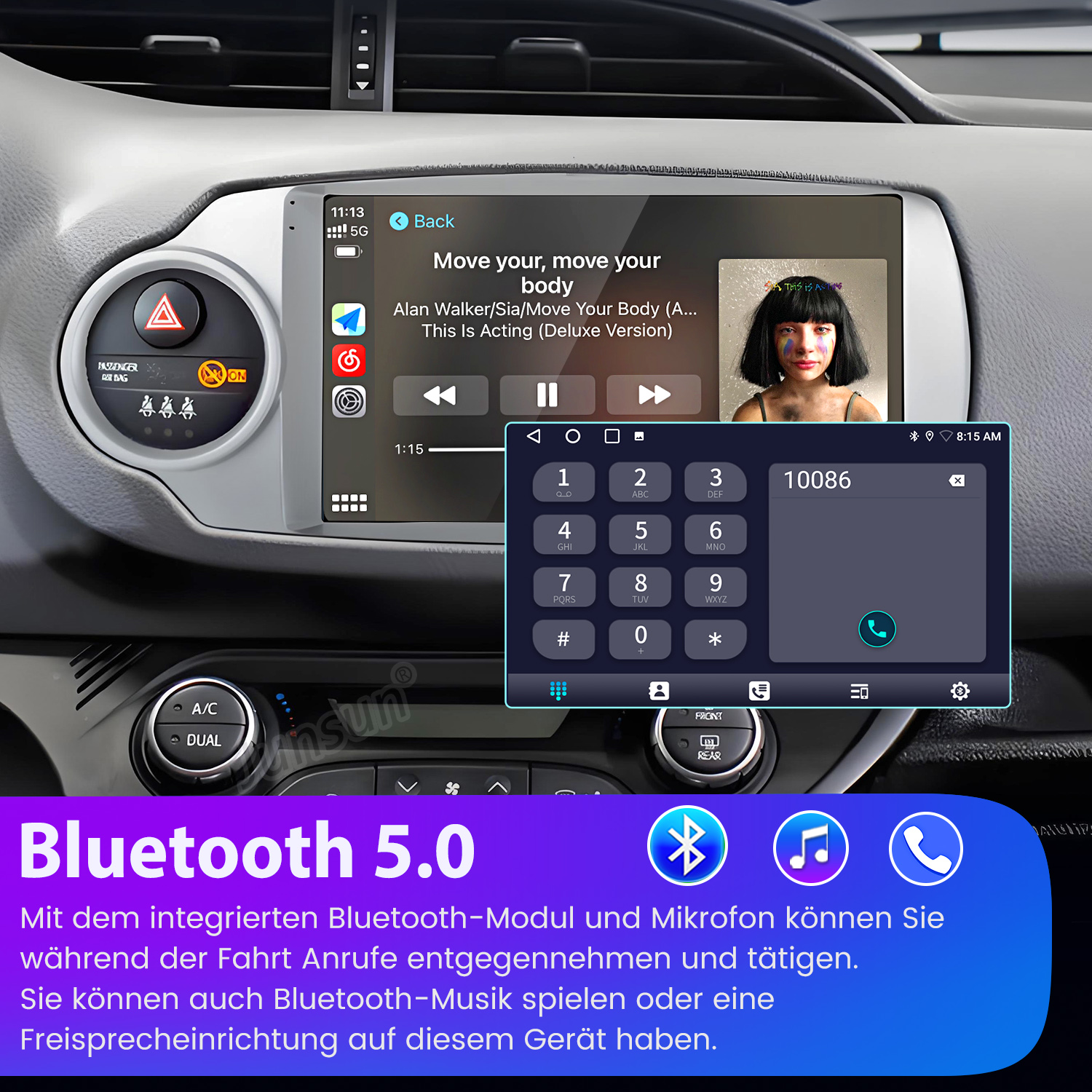 Auto-Infotainment-System mit Musikwiedergabe und Telefonie-Interface.