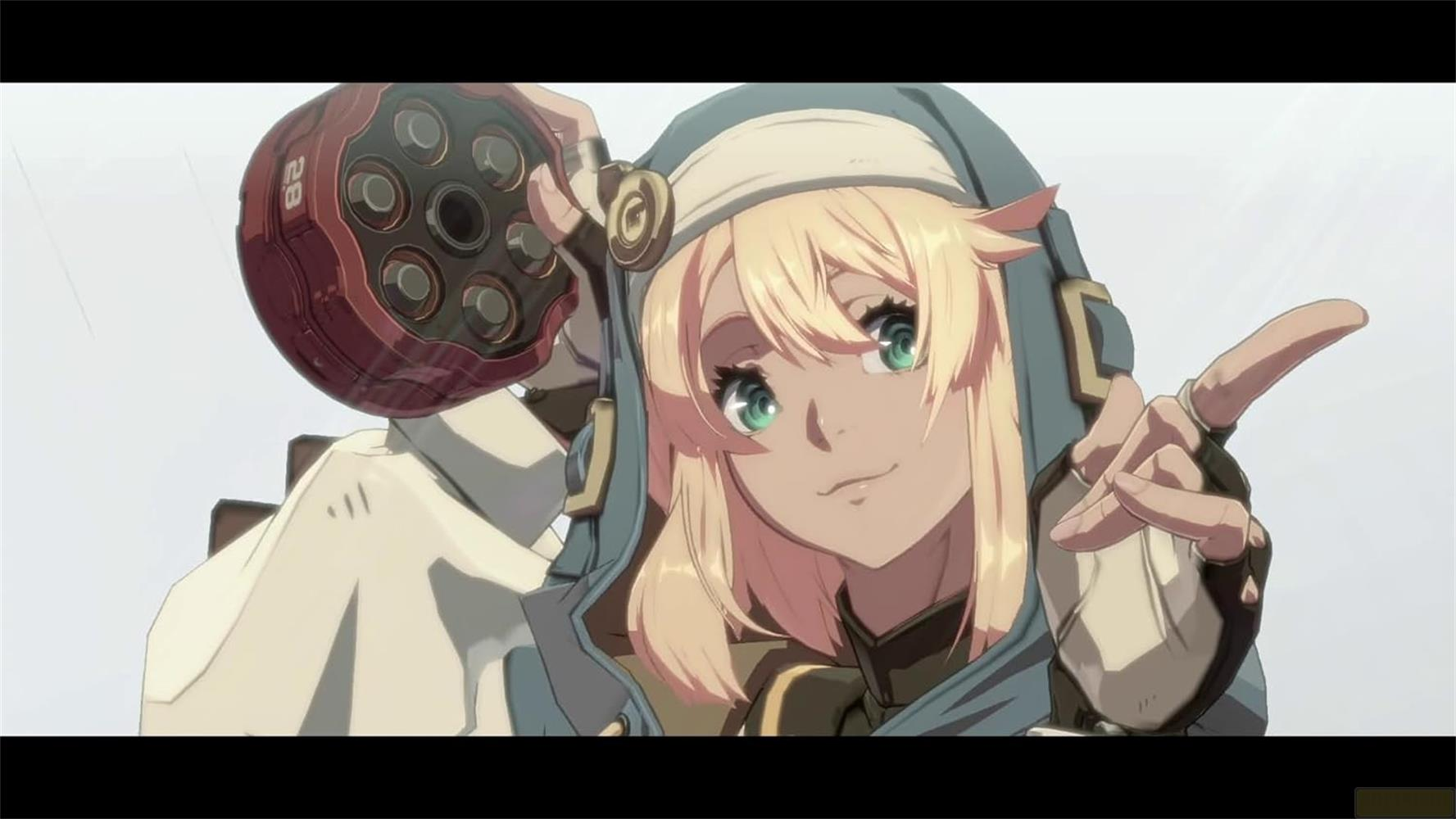 Personaggio anime con capelli biondi e occhi verdi, tiene un cilindro rosso-marrone.