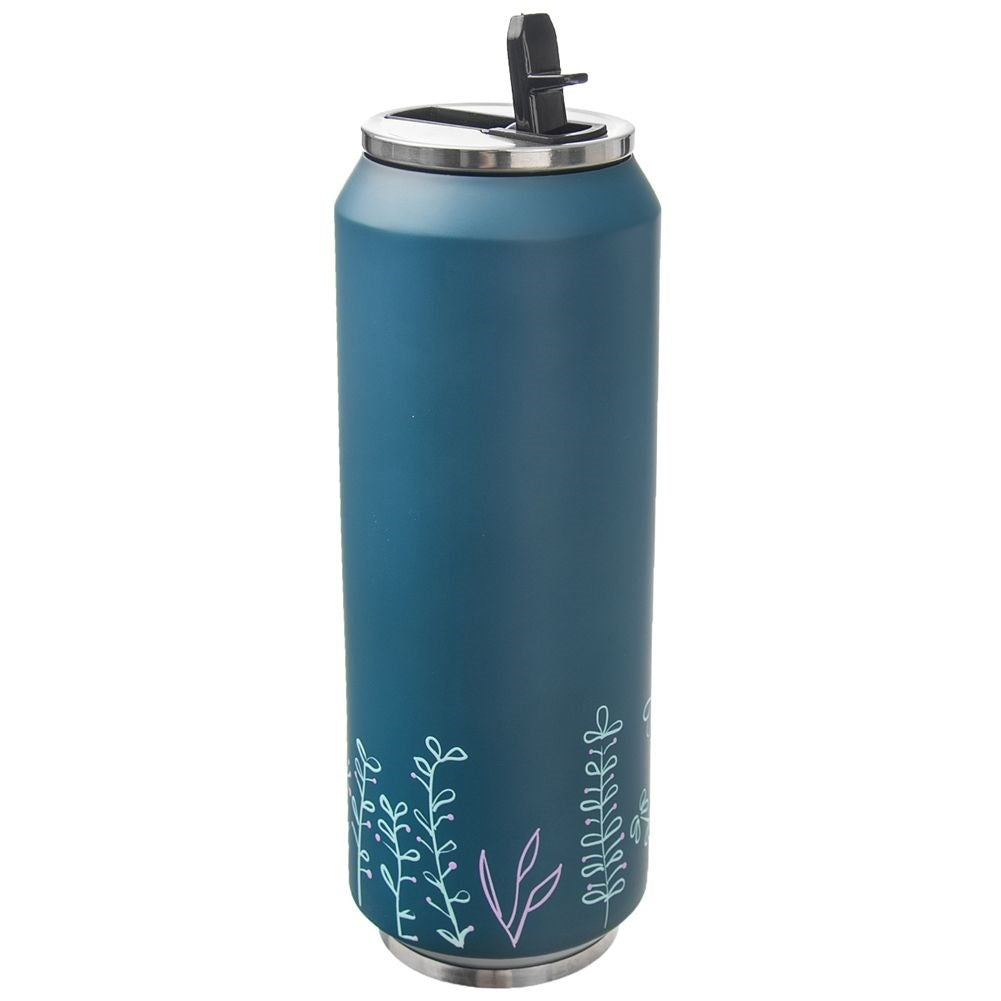 Vaso azul con forma de lata, tapa plateada, con diseño de plantas.