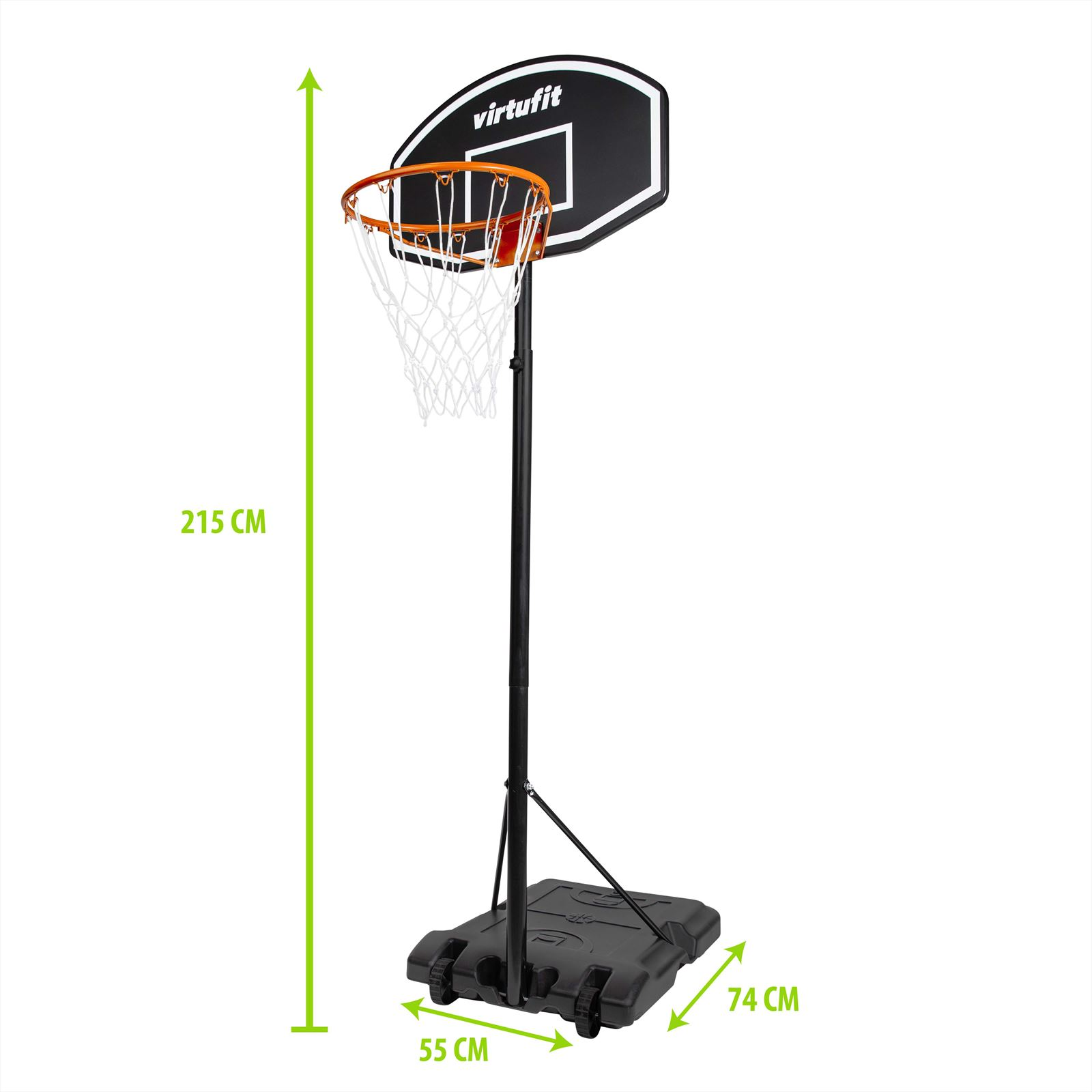 Ein höhenverstellbarer Basketballkorb mit schwarzem Brett und Netz.
