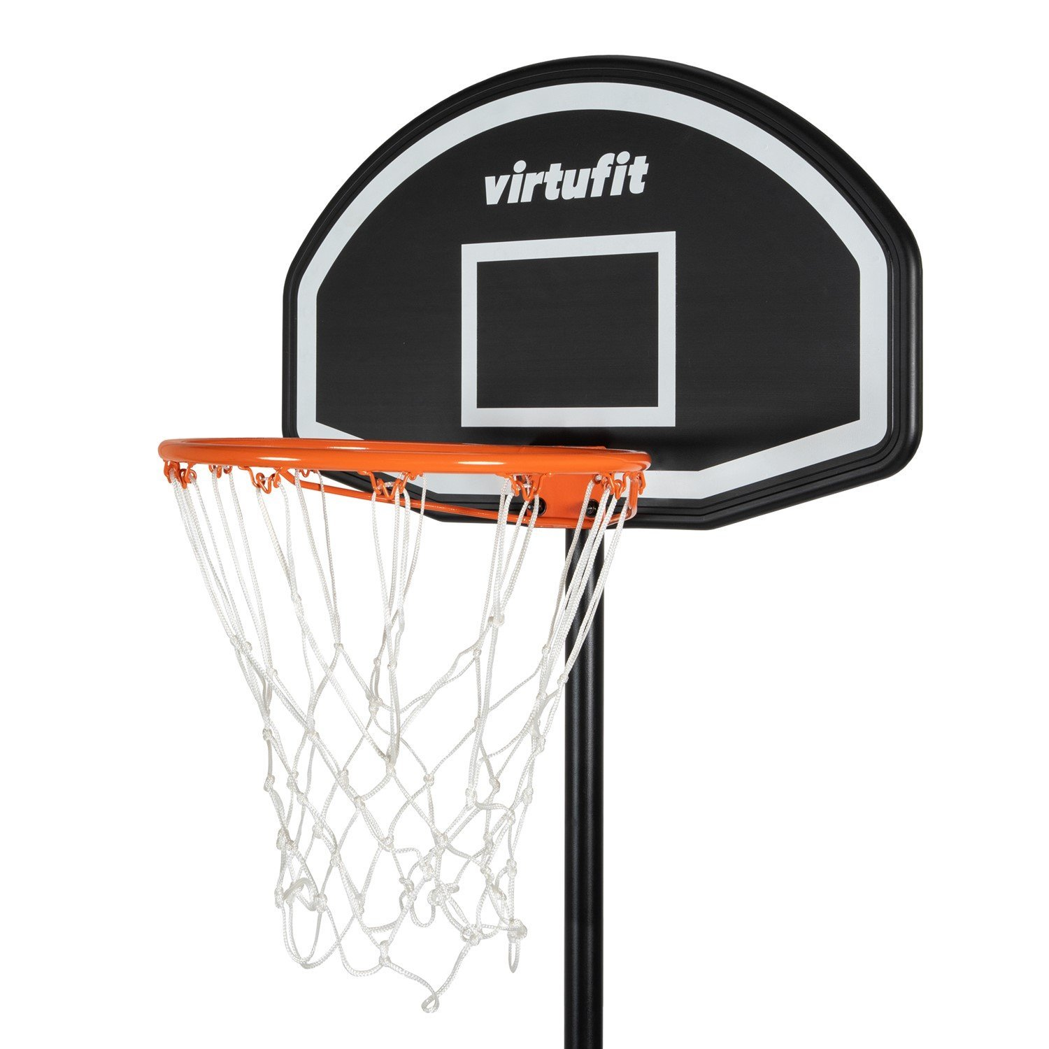 Ein Basketballkorb mit schwarzem Brett, orangefarbenem Ring und weißem Netz.