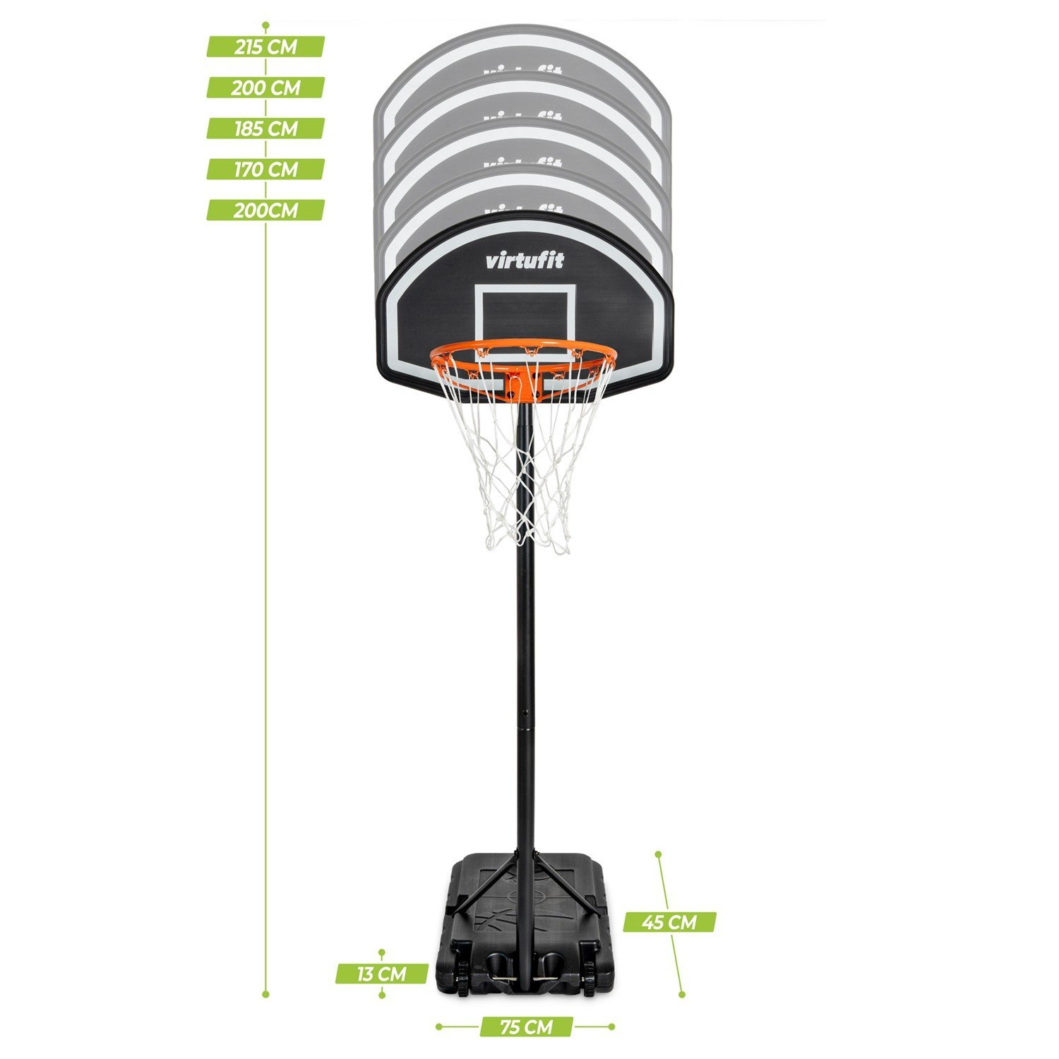 Verstellbarer Basketballkorb mit schwarzem Brett und orangefarbenem Ring.