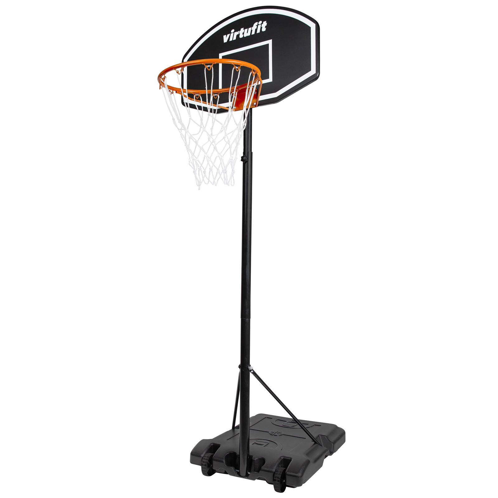 Ein mobiles Basketballkorb-Set mit schwarzem Brett, orangefarbenem Ring und weißem Netz auf einem Ständer.