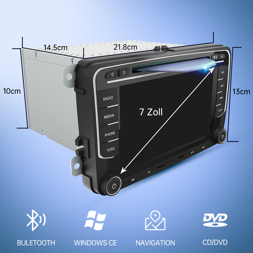 7-Zoll-Autoradio mit Maßen und Funktionen wie Bluetooth, Navigation.