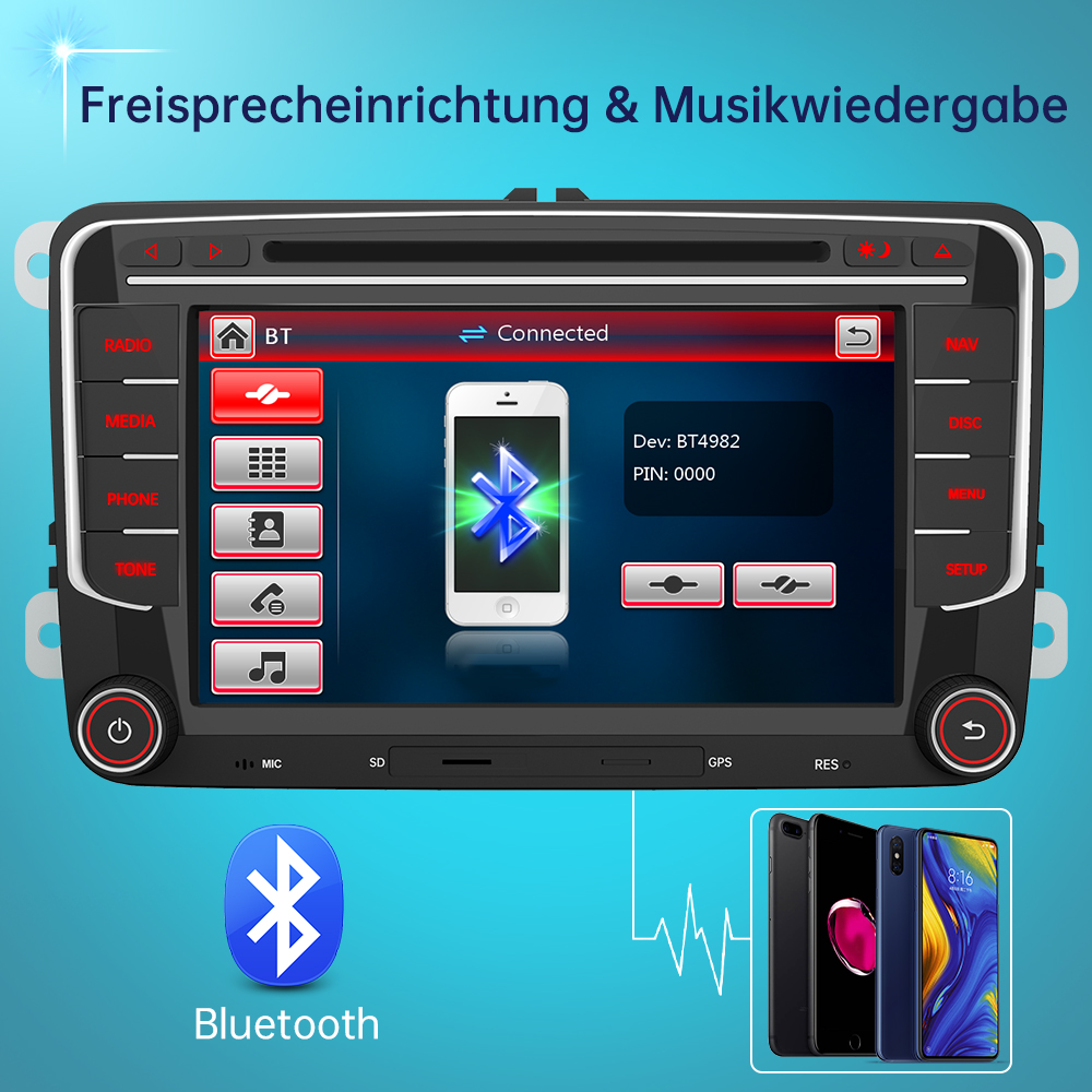 Autoradio mit Bluetooth-Verbindung und Smartphone-Anzeige.