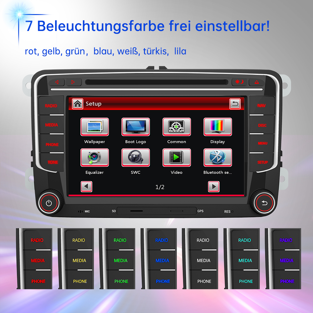 Ein Autoradio-Display zeigt Menüoptionen wie Setup, Wallpaper und Boot Logo.