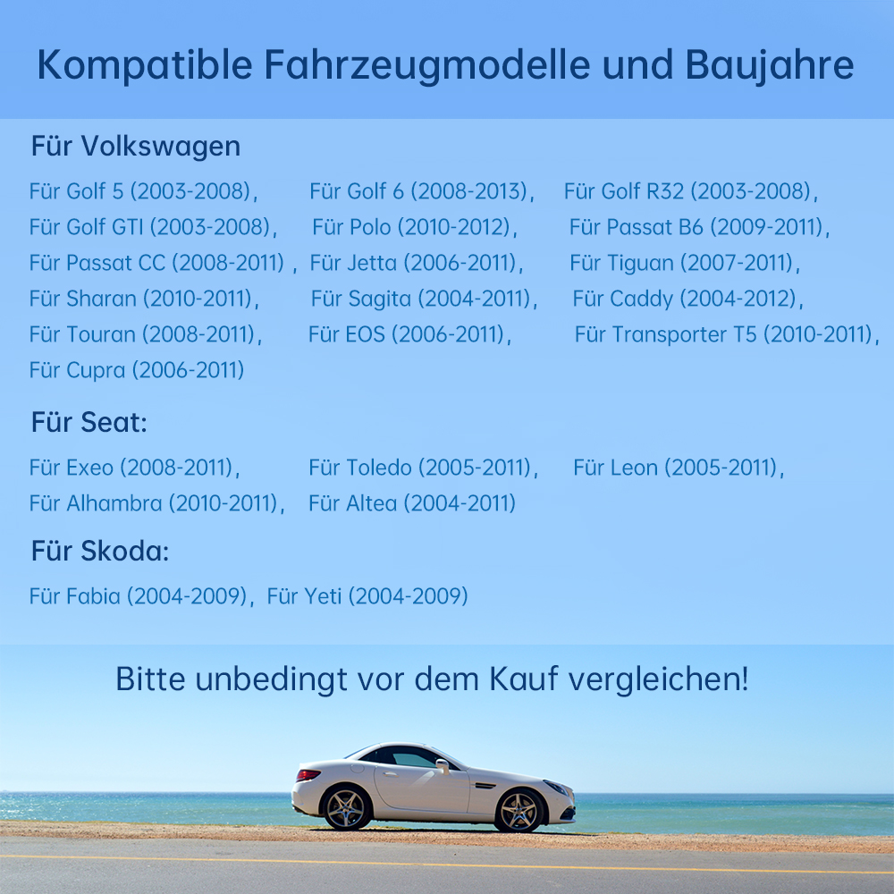 Liste kompatibler Fahrzeugmodelle und Baujahre für VW, Seat, Skoda.