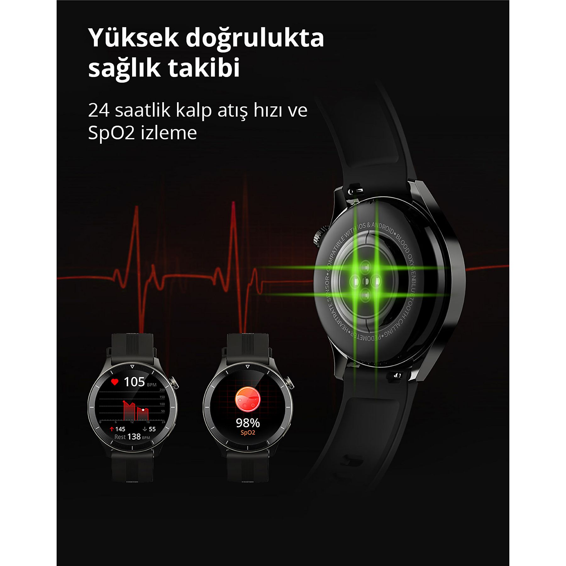 Kalp atış hızı ve SpO2 gösteren siyah akıllı saat, arka planda EKG çizgisi.