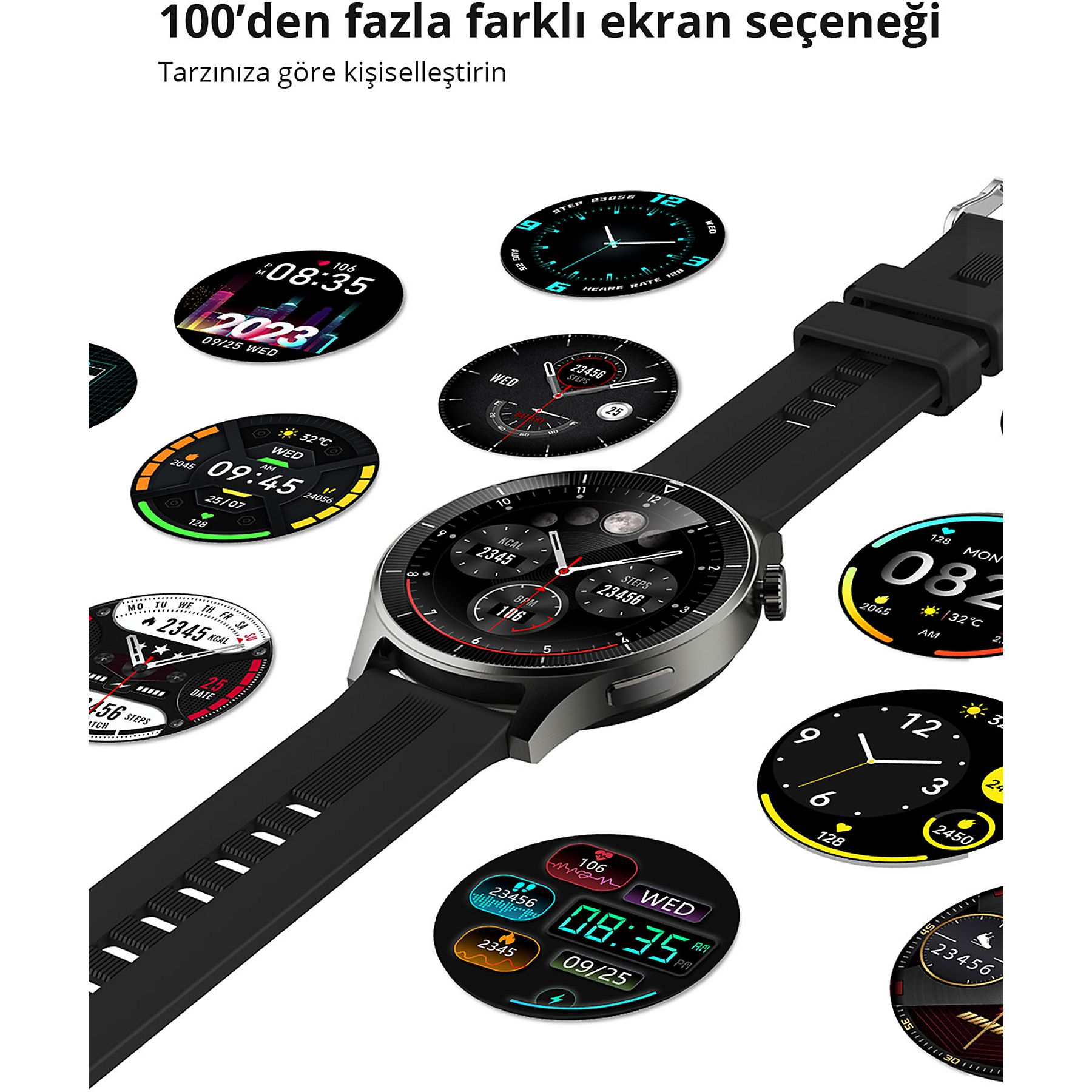Akıllı saat ekranı 100+ seçenek gösterir. Saat, tarih, adımlar, kalp atış hızı.