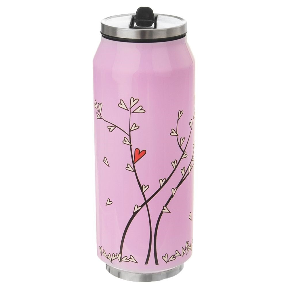 Una lata rosa con decoración de ramas y corazones y tapa plateada.