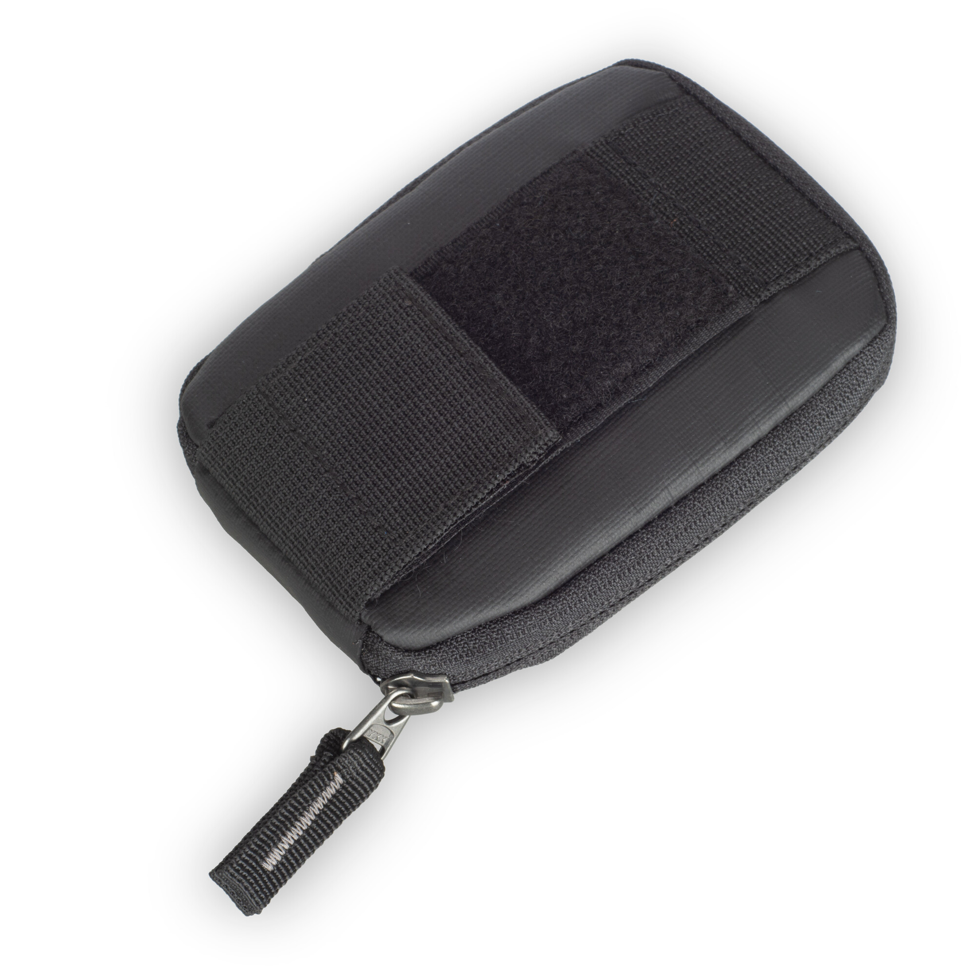 Schwarze Tasche mit Reißverschluss und Klettverschluss.